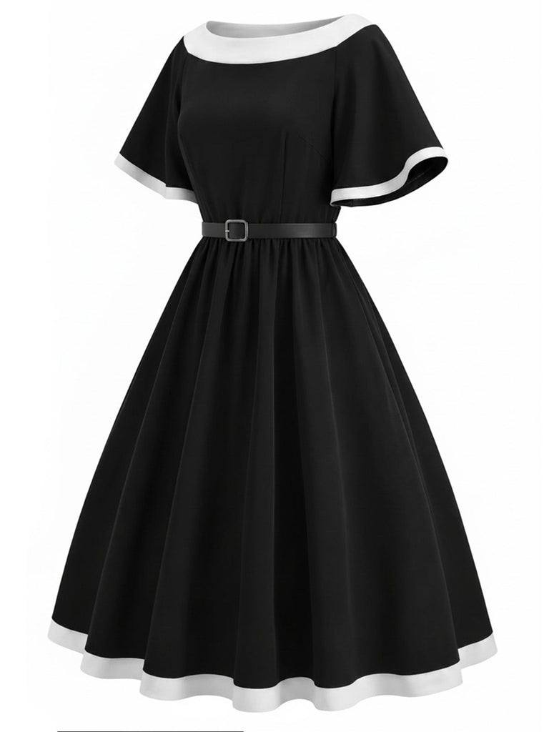 [Prévente] Robe Évasée Col Bateau Ceinturée Bordure Contrastée Noire Années 50