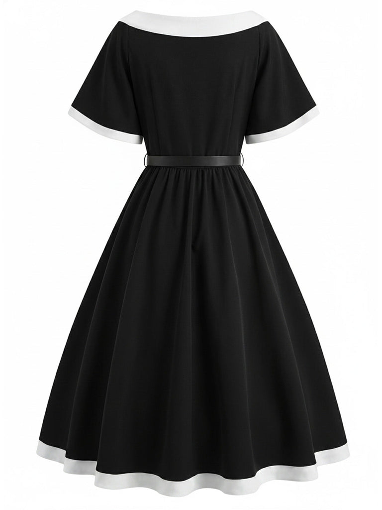 [Prévente] Robe Évasée Col Bateau Ceinturée Bordure Contrastée Noire Années 50