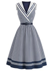 [Prévente] Robe Rayée Col Marin Col Châle Ceinturée Bleue Années 1940 2