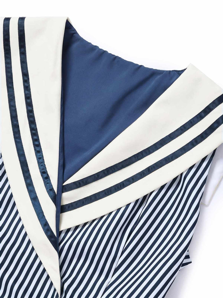[Prévente] Robe Rayée Col Marin Col Châle Ceinturée Bleue Années 1940 7