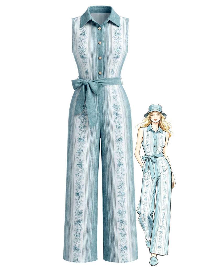 [Prévente] Combinaison à Jambes Larges Boutonnée Ceinturée Floral Bleu Clair Années 70