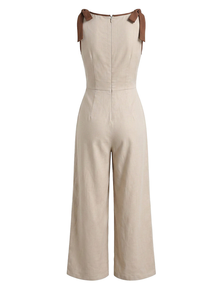 Combinaison Contrasté Épaule-Nœud Passepoil Beige Années 1950 2