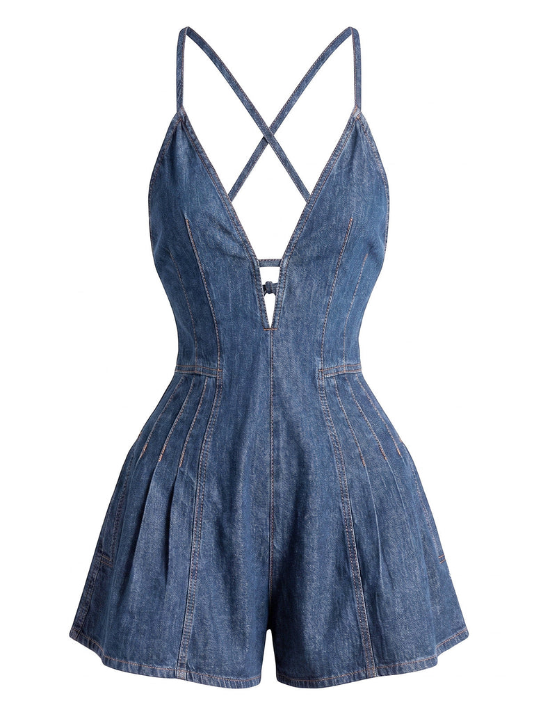 Combishort Coton Denim à Bretelles Noué au Dos Années 1950 7