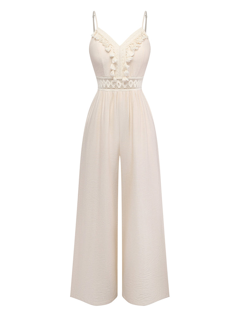 Combinaison à Bretelles Spaghetti Dentelle Crochet Franges Beige Années 70