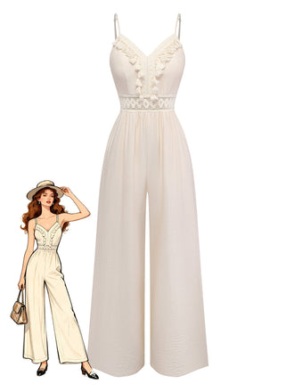 Combinaison à Bretelles Spaghetti Dentelle Crochet Franges Beige Années 70