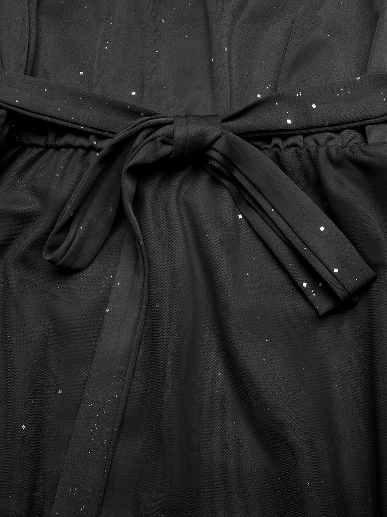Robe sans Manches Paillettes Tulle Patchwork Noire Années 50