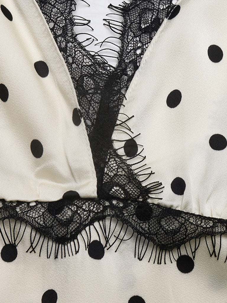 Robe à Pois Satin Dentelle Col V Beige Années 1930 7