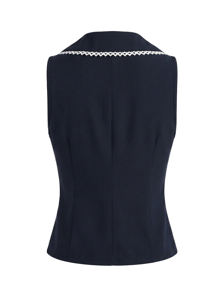 Tops Dentelle Col Marin Sans Manches Bleu Marine Années 1950 2