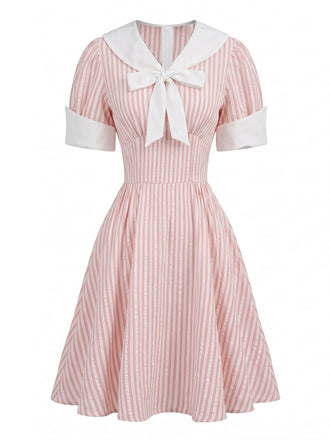 Robe Rayée Col Marin Manches Bouffantes Col à Nouer Années 1950