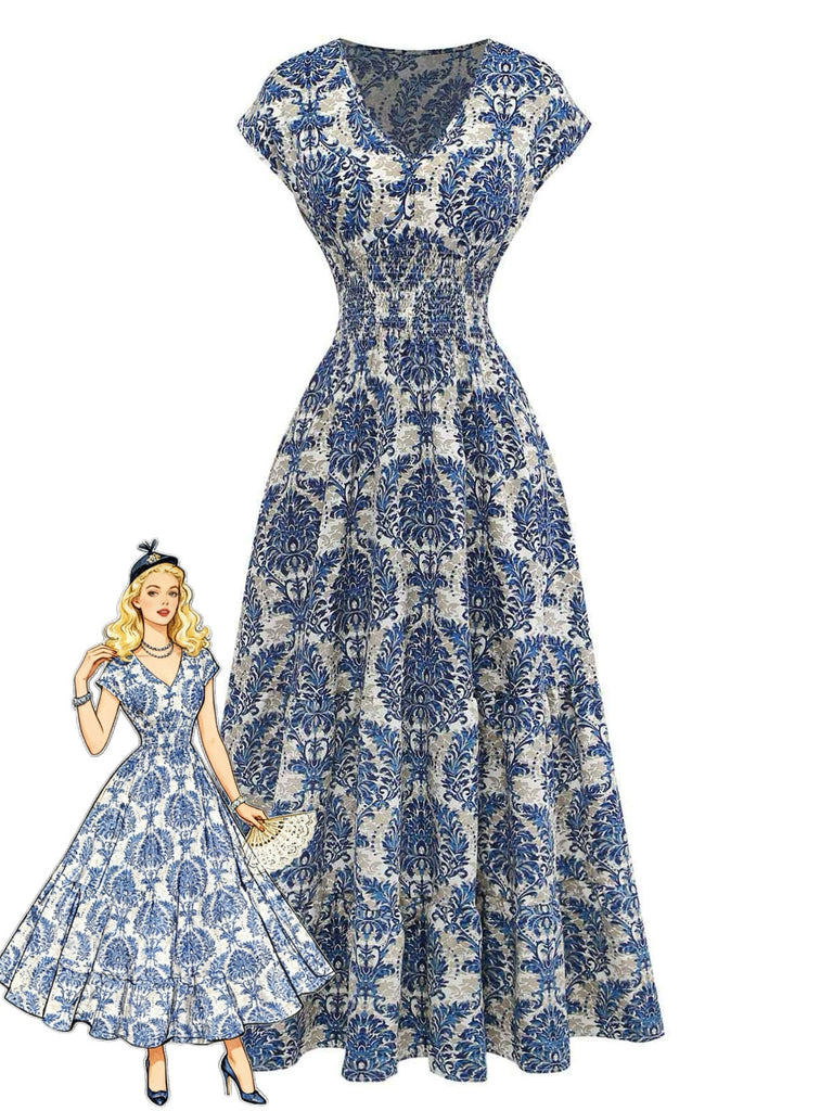 Robe Maxi Taille Empire Col V Floral Ornemental Boho Années 70