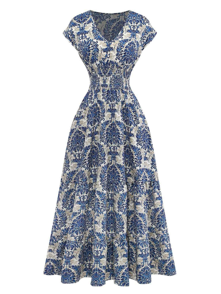 Robe Maxi Taille Empire Col V Floral Ornemental Boho Années 70