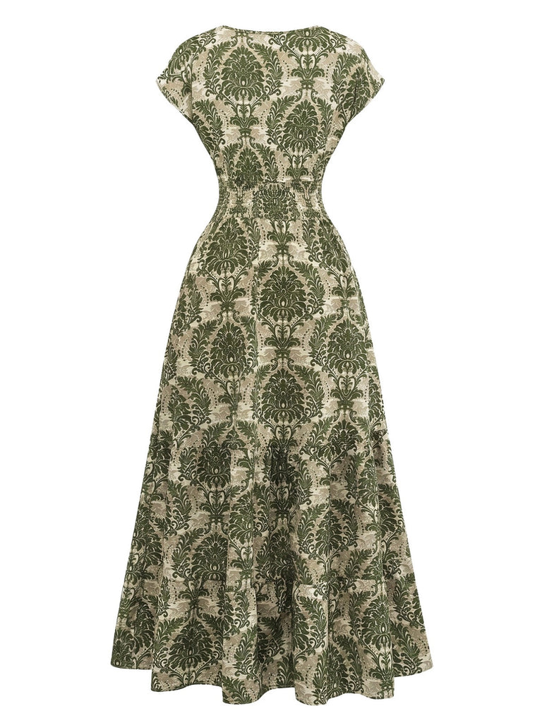 Robe Maxi Taille Empire Col V Floral Ornemental Boho Années 70