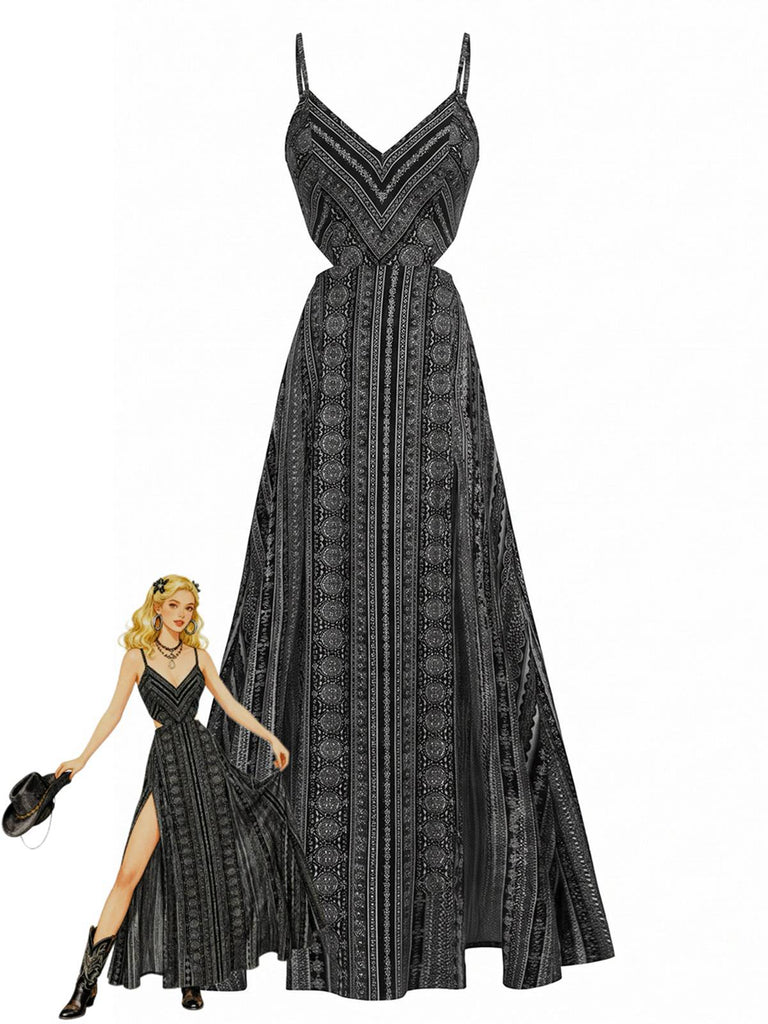 Robe longue noire bohème fines bretelles années 70