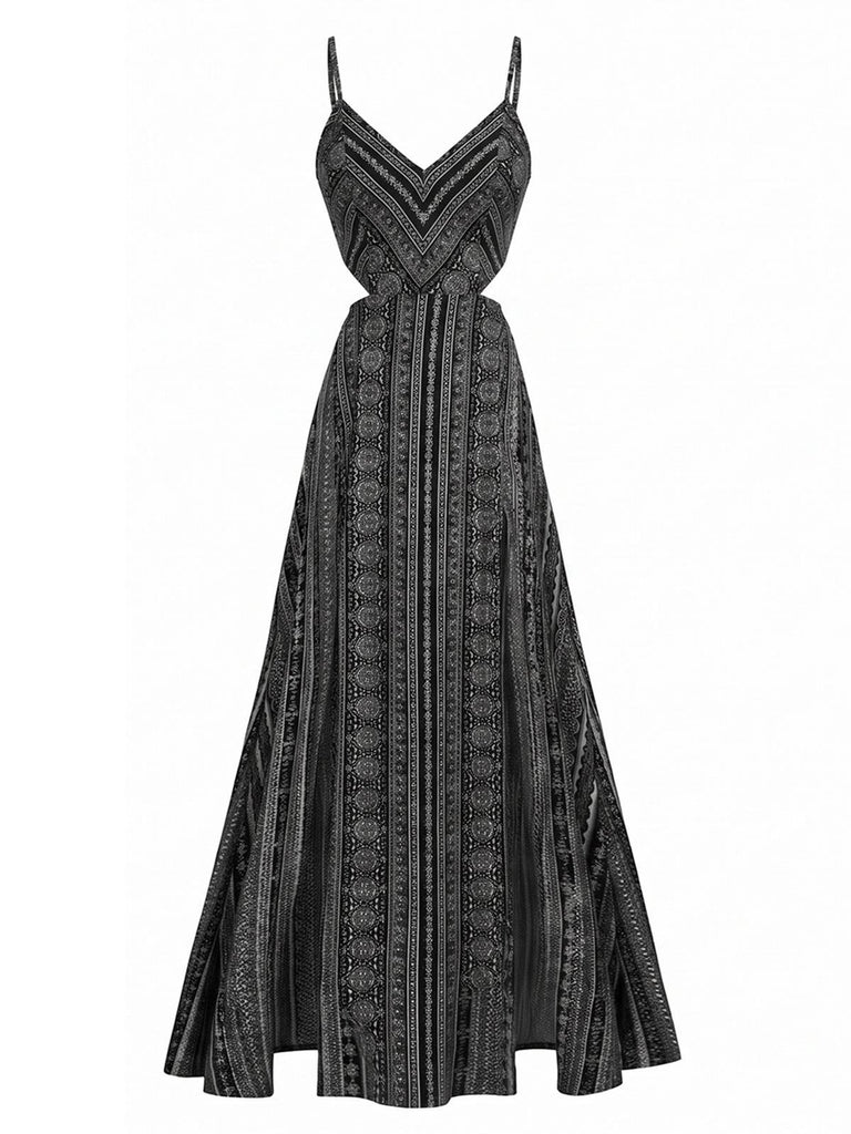 Robe longue noire bohème fines bretelles années 70