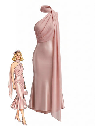 Robe sirène satin orange et rose épaule et écharpe années 1930