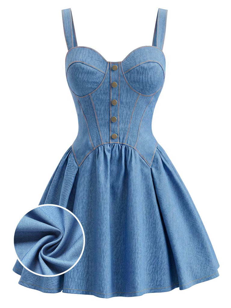 [Prévente] Robe Mini Bustier Corset à Bretelles Faux Jean Bleue Années 80