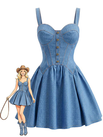 [Prévente] Robe Mini Bustier Corset à Bretelles Faux Jean Bleue Années 80