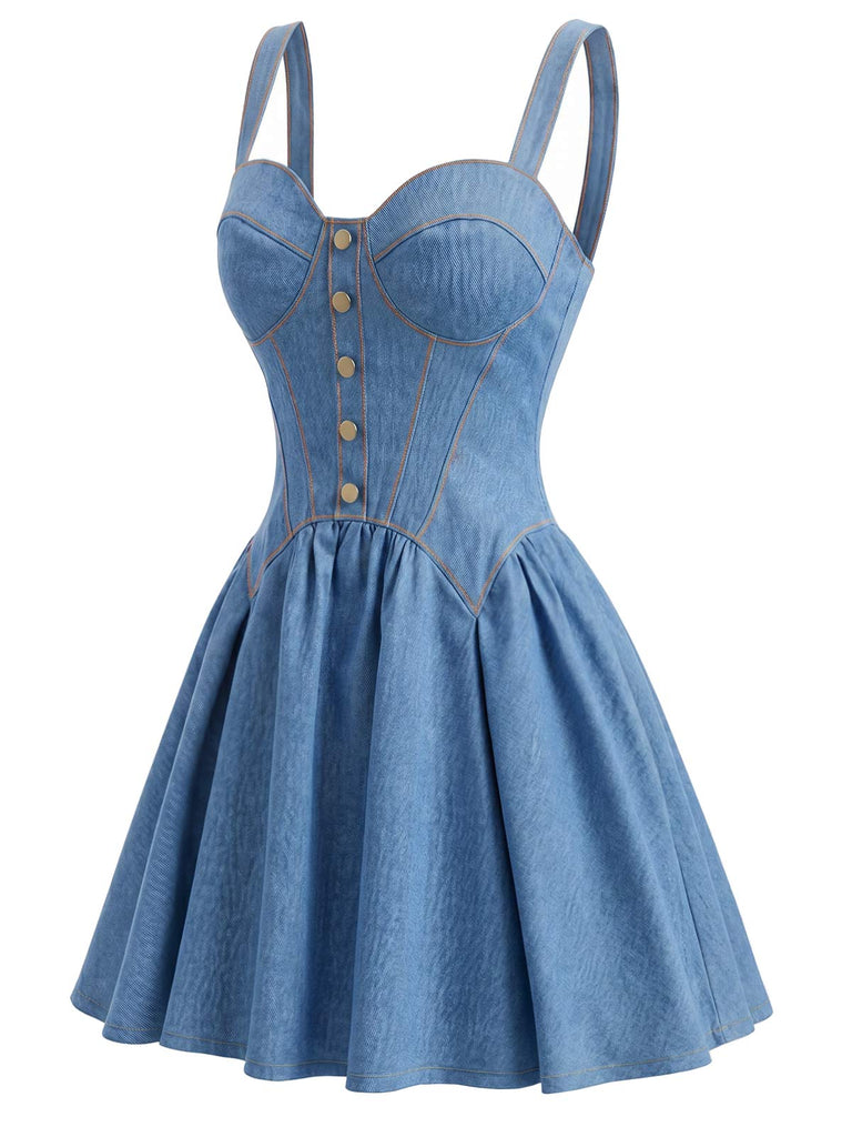 [Prévente] Robe Mini Bustier Corset à Bretelles Faux Jean Bleue Années 80