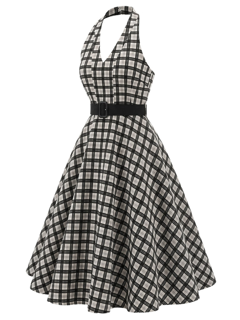 [Prévente] Robe Noir à Carreaux Dos Nu Ceinturé Évasé avec Poches Années 1950 3