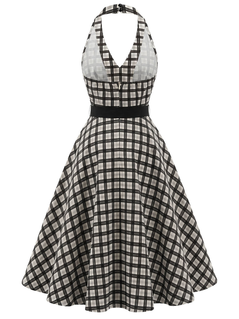 [Prévente] Robe Noir à Carreaux Dos Nu Ceinturé Évasé avec Poches Années 1950 4