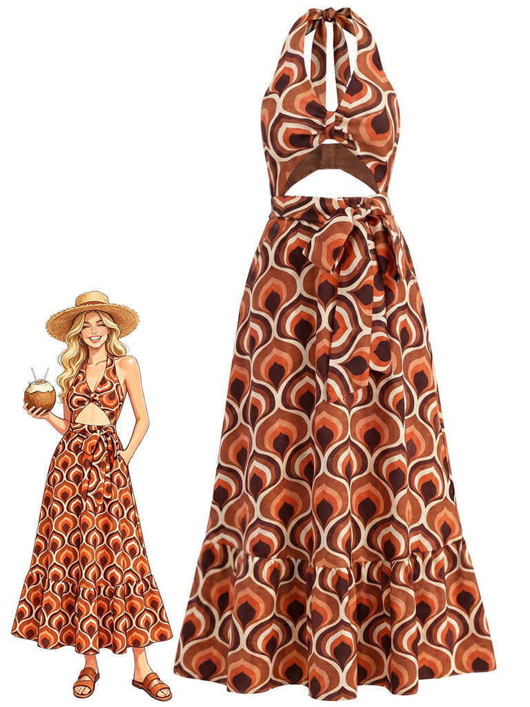 [Prévente] Robe Maxi Halter Col V Profond Découpé Imprimé Abstrait Années 70