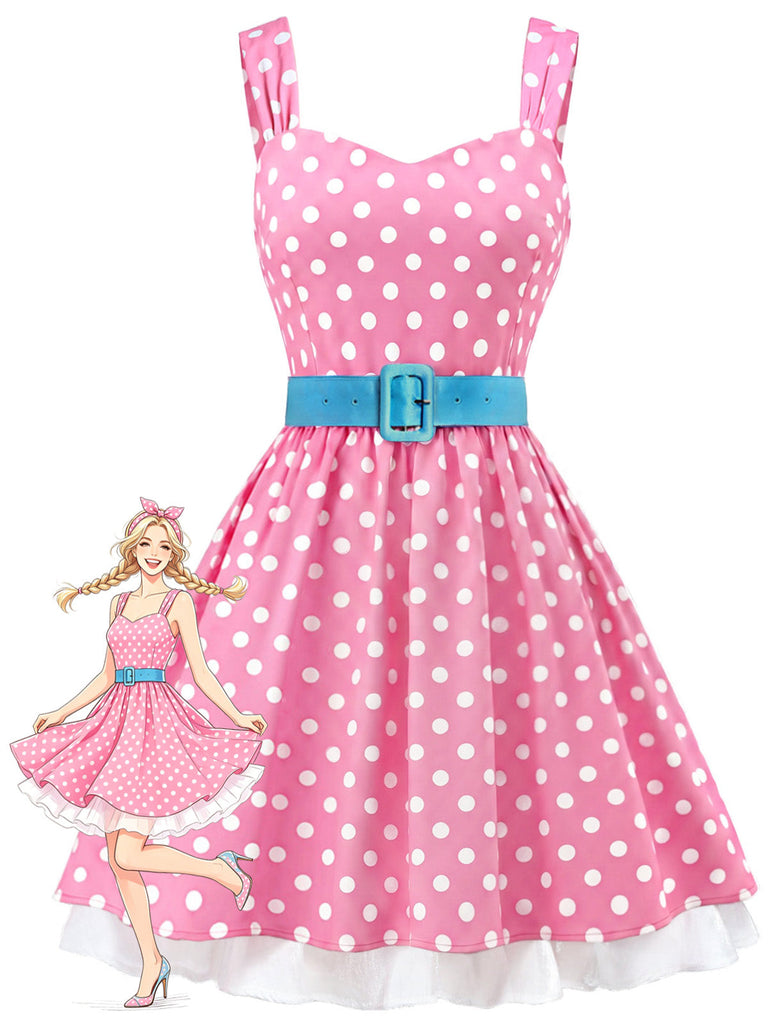 [Prévente] Robe Ceinturée Bustier à Pois Rose Années 50