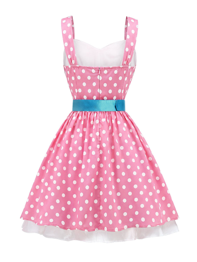 [Prévente] Robe Ceinturée Bustier à Pois Rose Années 50