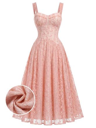 [Prévente] Robe Bretelles Spaghetti Col Cœur Dentelle Col Corset Rose Années 1940