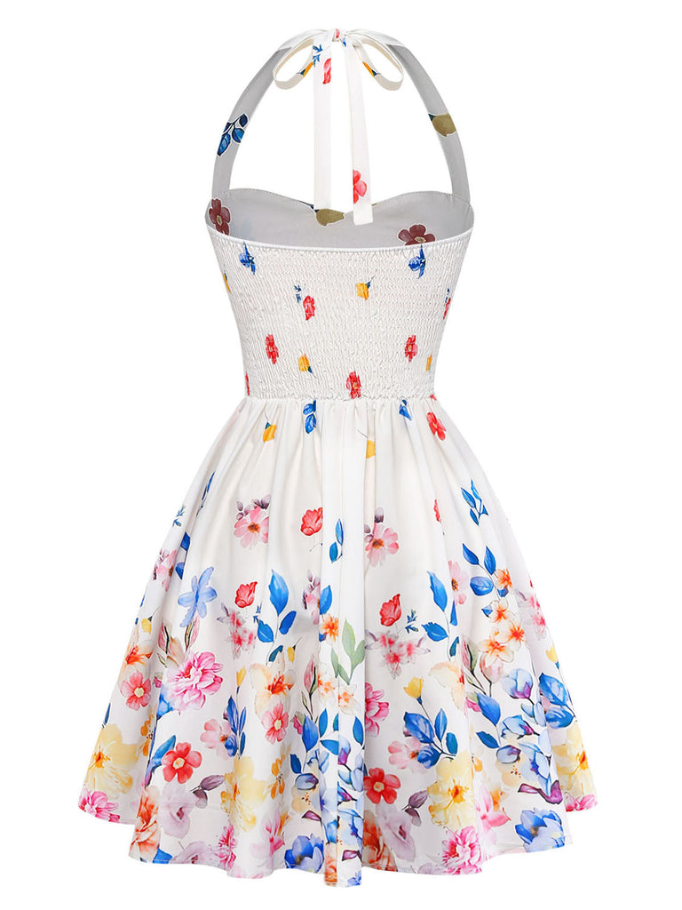 Robe Floral Halter Évasé Nœud Col Mini Blanc Années 1950 2