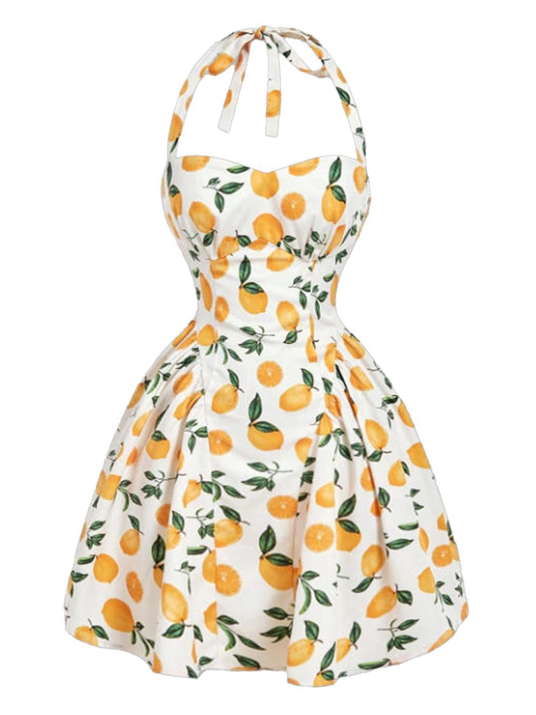 Robe Floral Halter Évasé Nœud Col Mini Blanc Années 1950 9