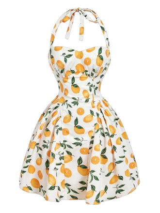 Robe Floral Halter Évasé Nœud Col Mini Blanc Années 1950 9