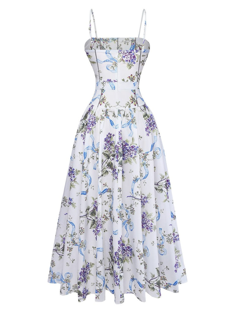 Robe Blanc Floral Imprimé Bretelles Fines Mousseline Années 1950 2