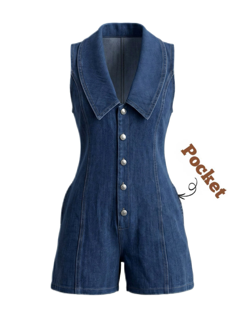 Combishort Bleu Marine Boutonné Denim Années 1970