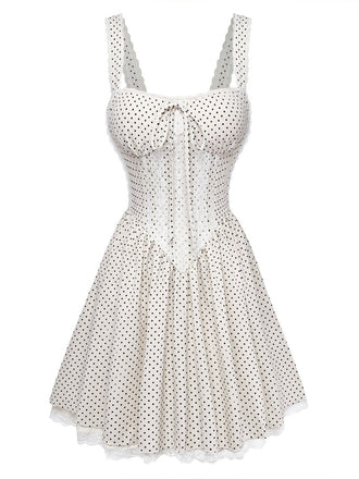 Robe Bretelles Spaghetti à Pois Ballerine Beige Années 1970