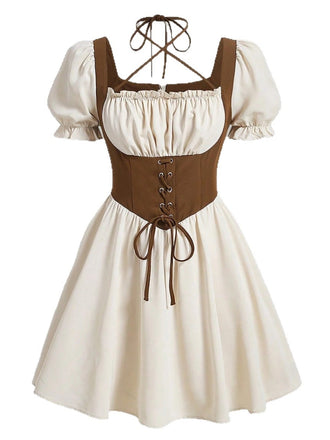 Robe Marron Cottagecore Manches Bouffantes Lacé Ligne A Années 1970 2