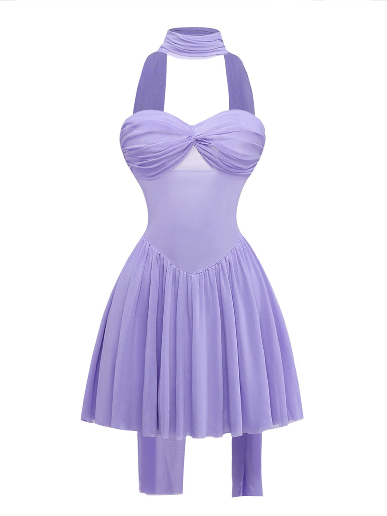 Robe Mini Babydoll Bustier en Tulle avec Foulard Lavande Années 70