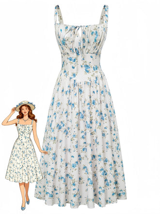 Robe Nouage Avant Col Carré Petites Fleurs Bleue Années 40