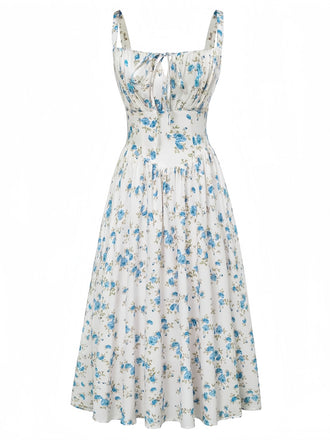 Robe Nouage Avant Col Carré Petites Fleurs Bleue Années 40