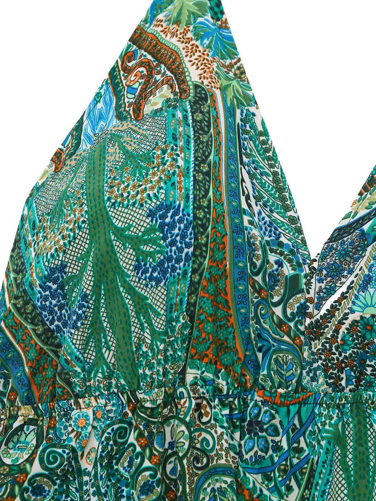 Robe Longue Paisley Halter Col V Profond Dos Nu Verte Années 1970 5