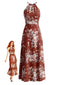 Robe longue rouge bohème imprimé floral dos nu et fendue années 70