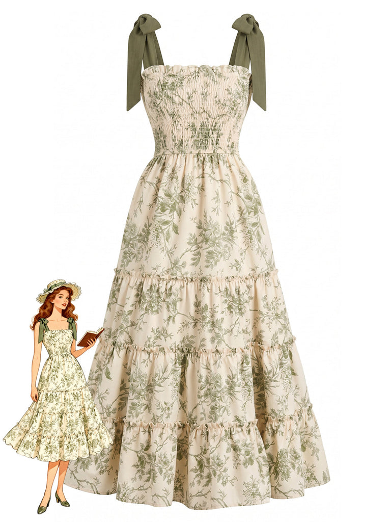 Robe à Étages Nouage Épaule Floral Verte Années 40