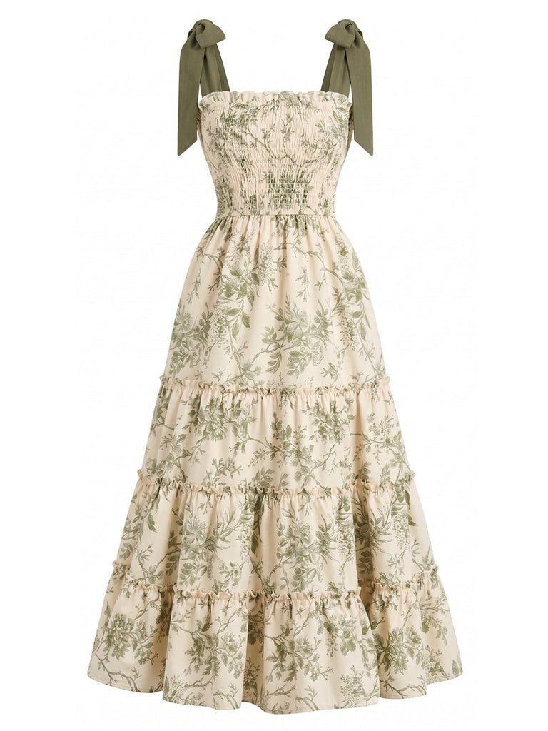 Robe à Étages Nouage Épaule Floral Verte Années 40
