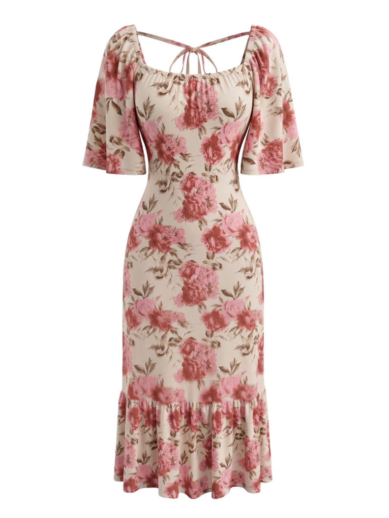 Robe Rose Floral Dos Noué Manches Bouffantes Midi Années 1930 2