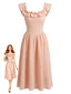 Robe rose encolure carrée smocks et volants années 40