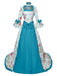Robe bleue rococo à fleurs, manches cloche et volants années 1970