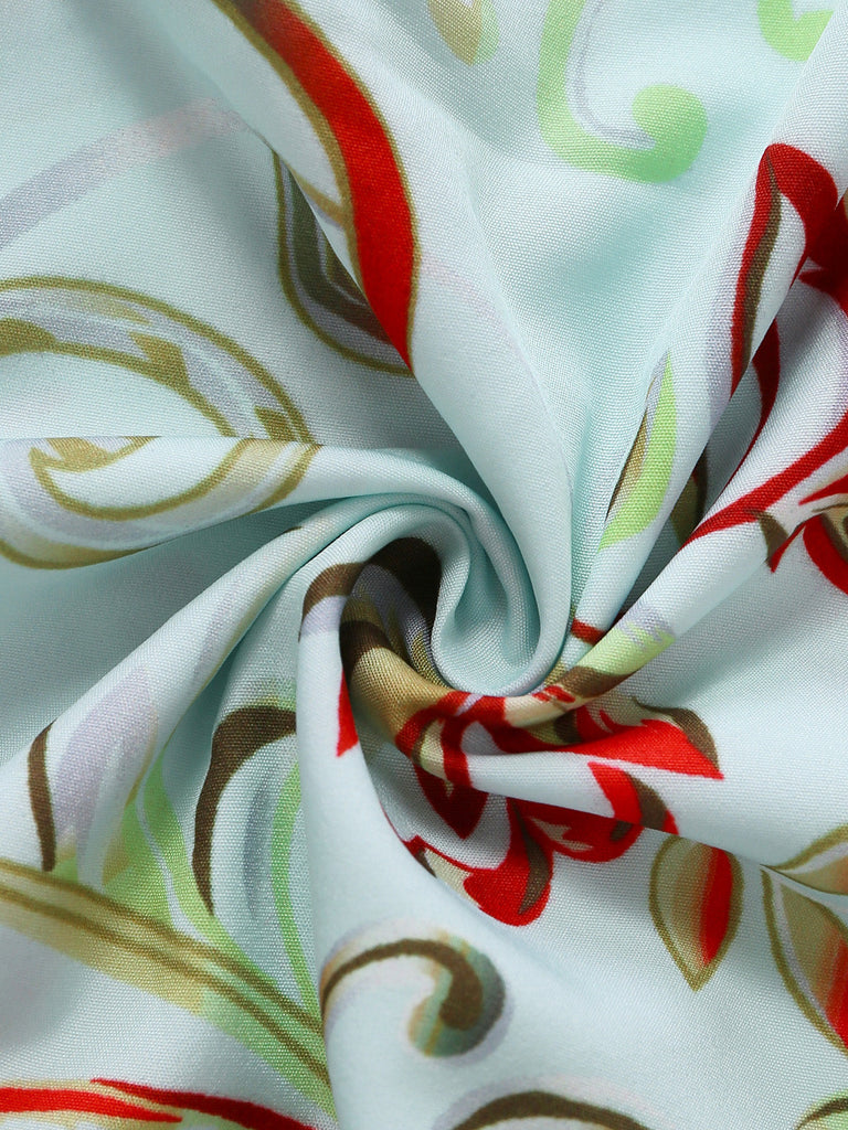 Robe bleue rococo à fleurs, manches cloche et volants années 1970