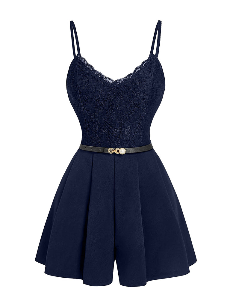 Combishort à Bretelles Spaghetti Ceinturé Dentelle Patchwork Années 60