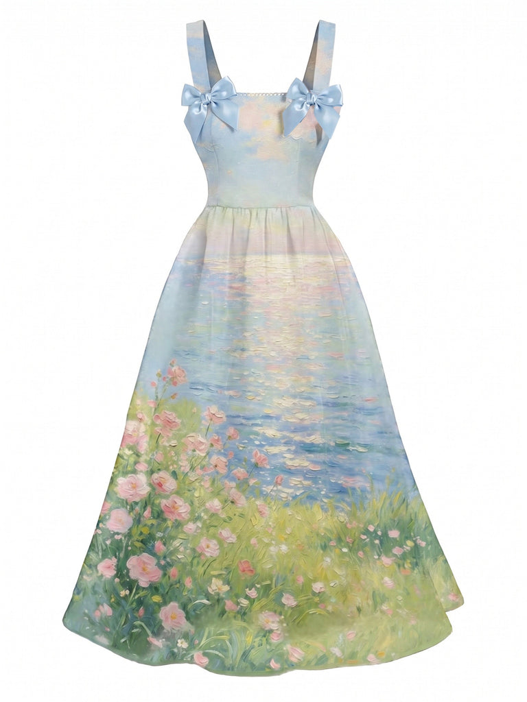 [Prévente] Robe Florale Inspiration Monet Paysage à Bretelles Nœud Années 1950