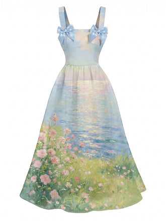 [Prévente] Robe Florale Inspiration Monet Paysage à Bretelles Nœud Années 1950