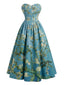 [Prévente] Robe bleue sans bretelles motif fleurs d'amandier et décolleté cœur années 50